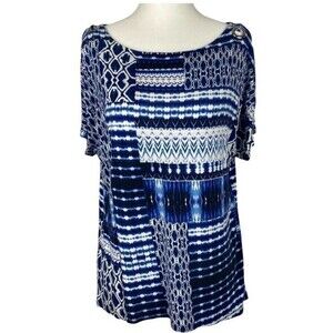 Cable & Gauge Blouse Womens Medium Blue White Short Sleeve Scoop Neck Ladies Top